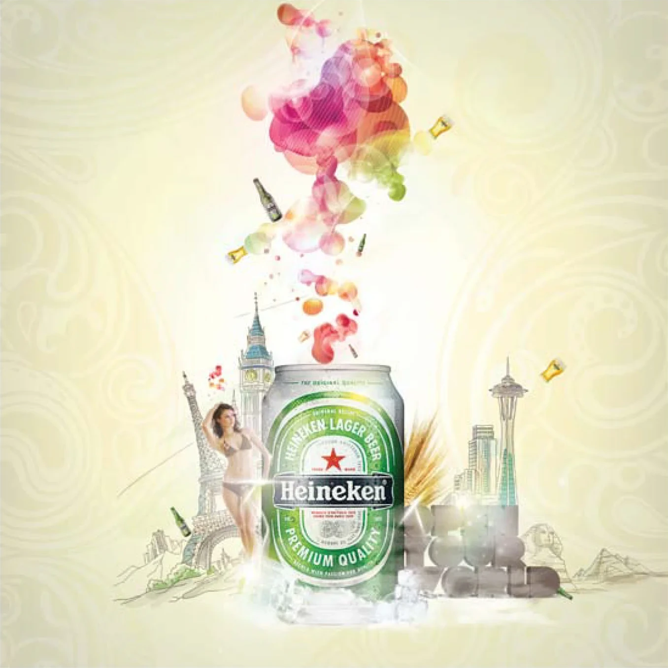 A can opening into a burst of colour, landmarks drawn around it