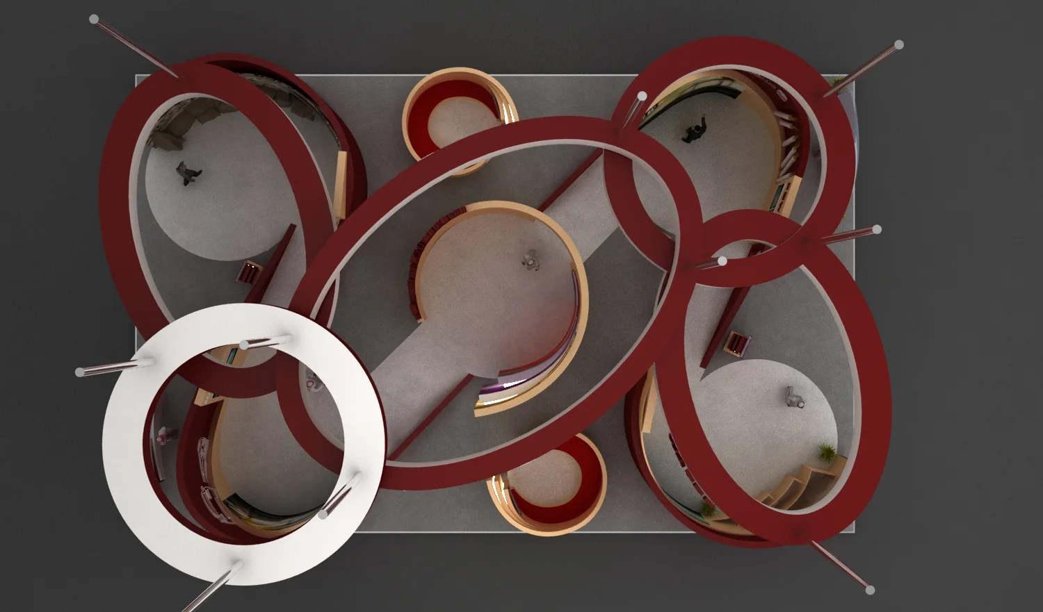 Stand of interlocking red rings