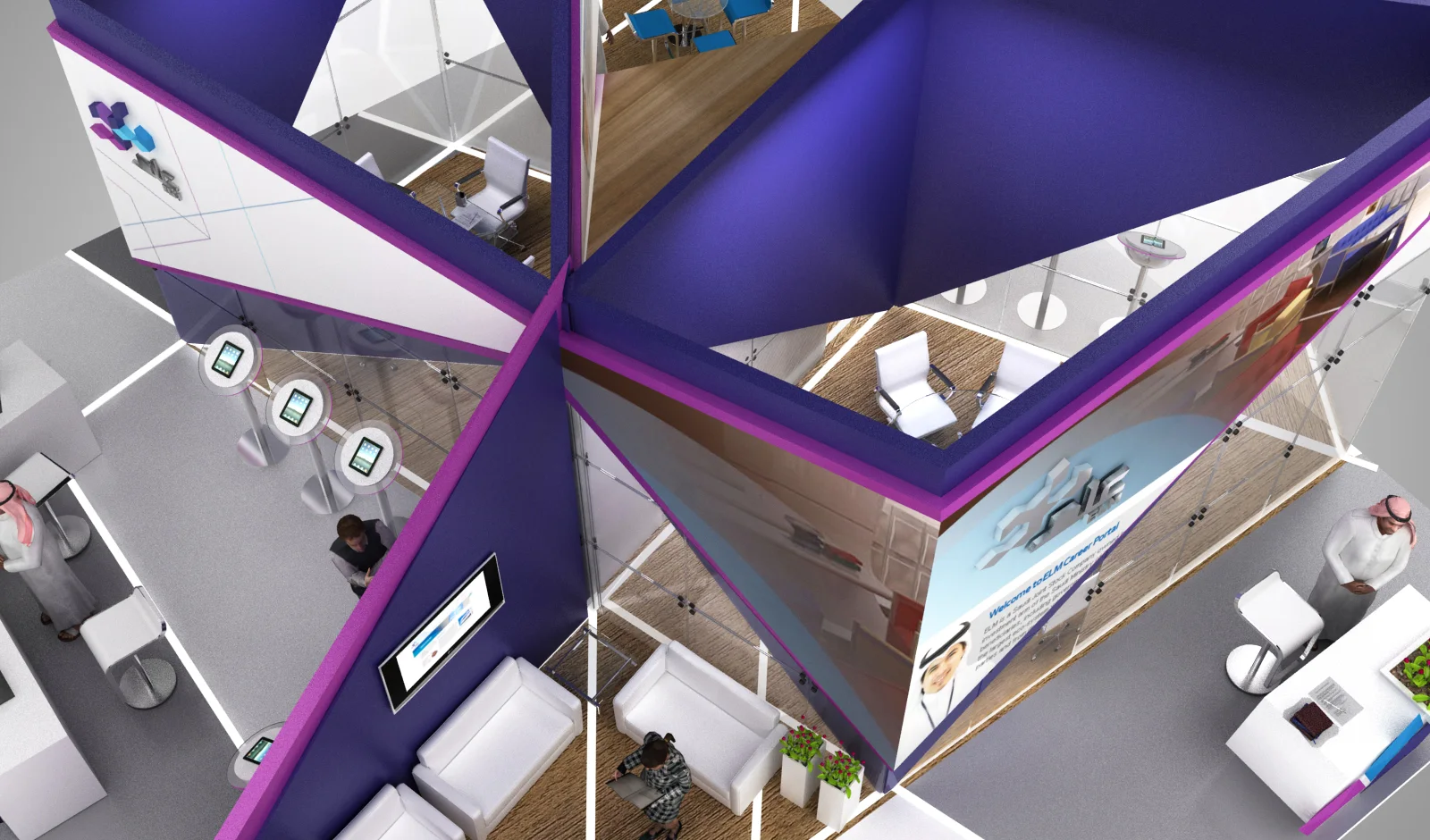 Stand with purple folded planes