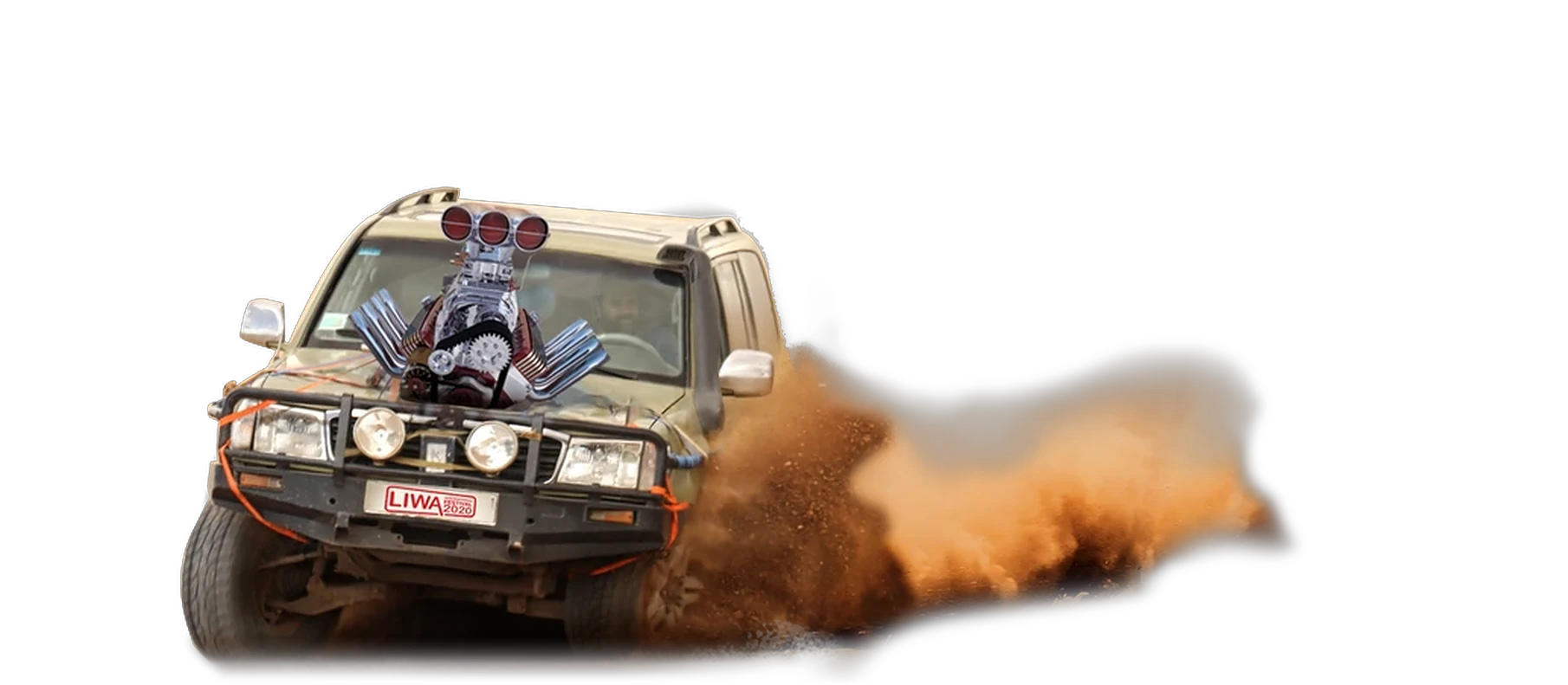 The rally car from the Liwa key visual, driving out of the dunes