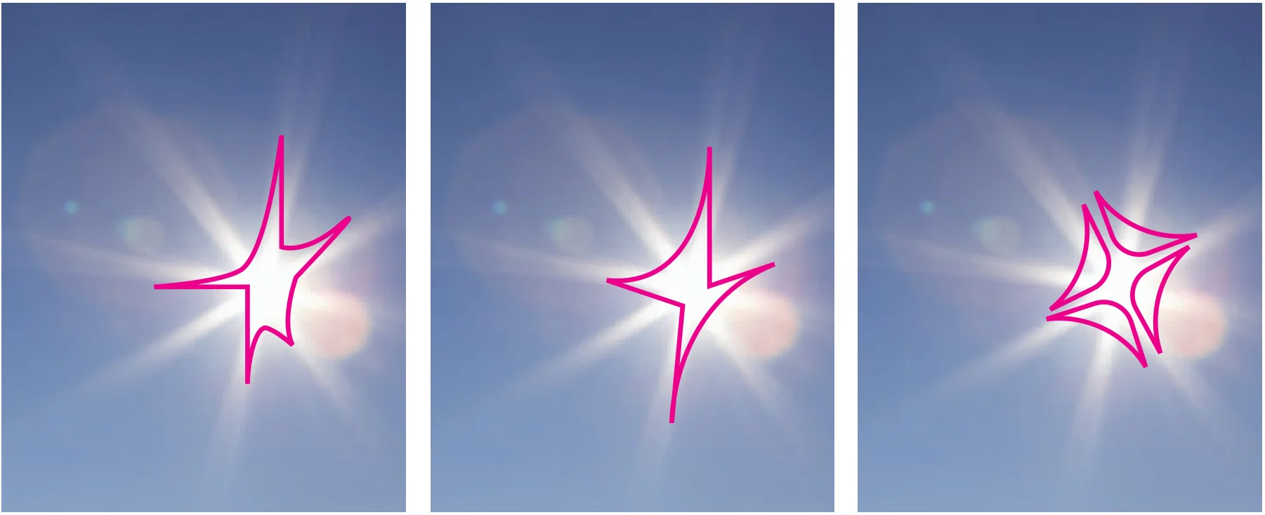 Three photographs of the sun, each with the shape of its light traced over it in magenta.