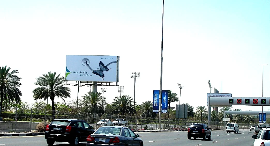 A billboard over a busy road: the butterfly and the line Your Health, Our Future.