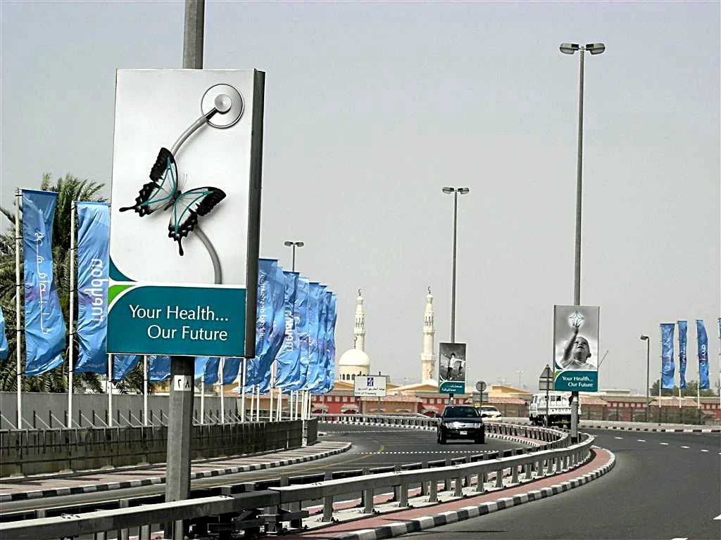 A lamp-post banner with the butterfly and the line Your Health, Our Future; a mosque behind.