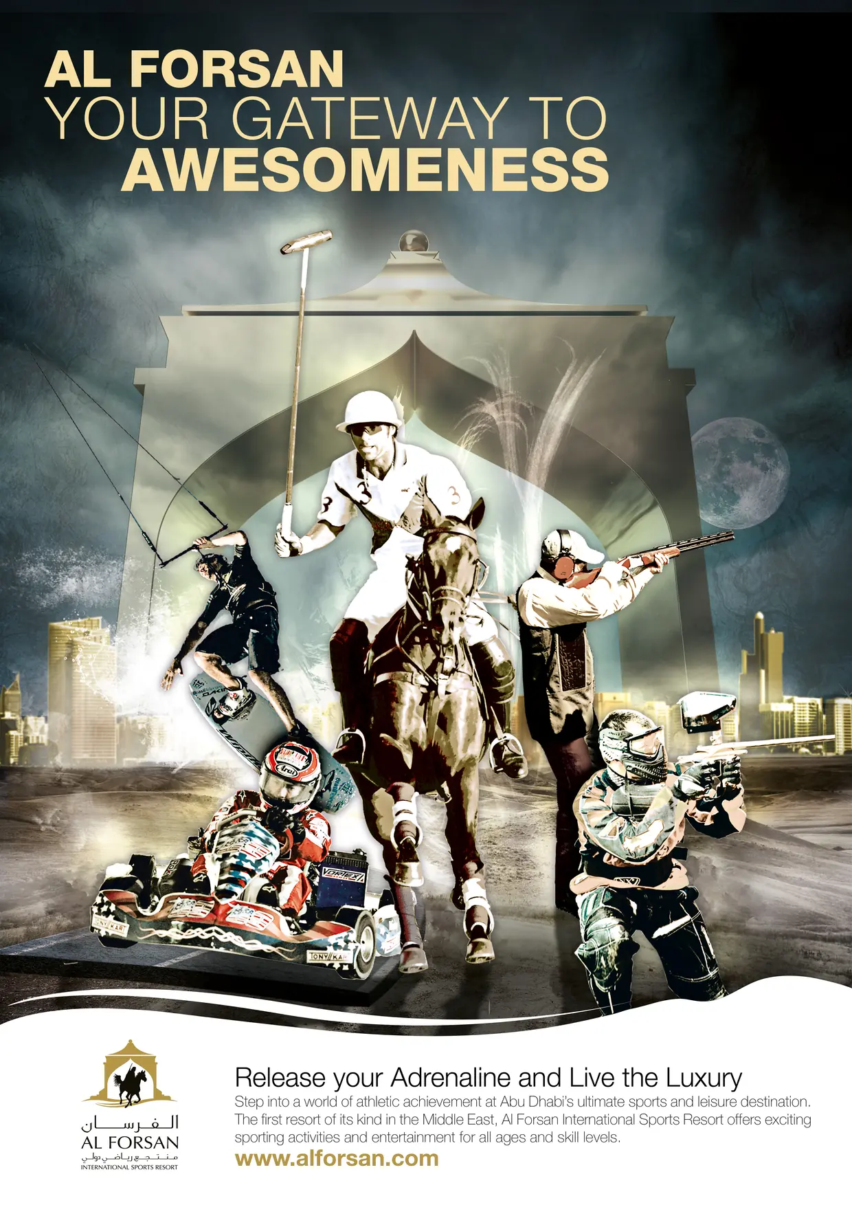 Press advertisement, “Al Forsan, your gateway to awesomeness”: a polo player, a wakeboarder, a shooter, a paintballer and a kart in front of the gate