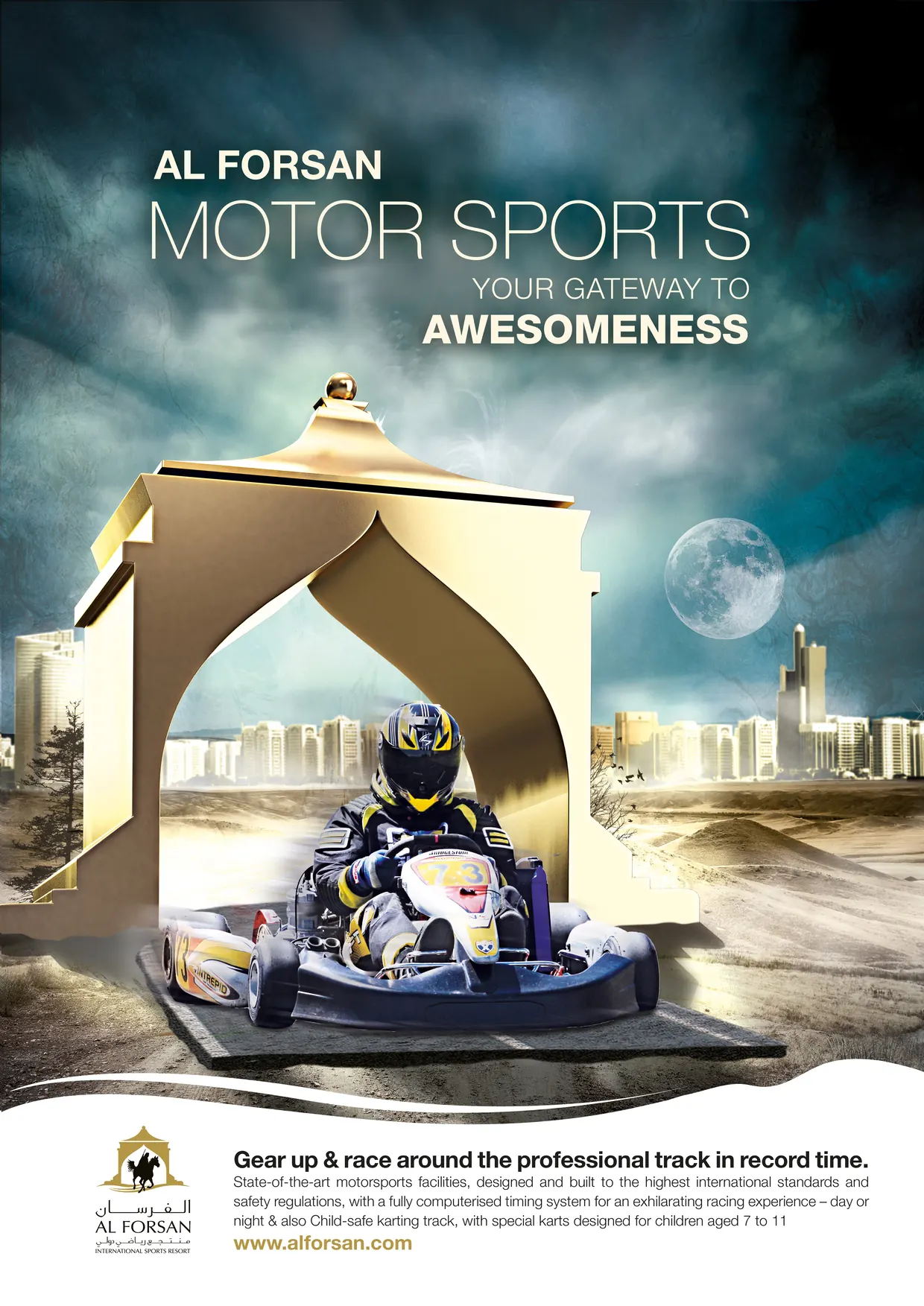 Press advertisement, Al Forsan Motor Sports, “Your gateway to awesomeness”: a kart comes through the golden gate