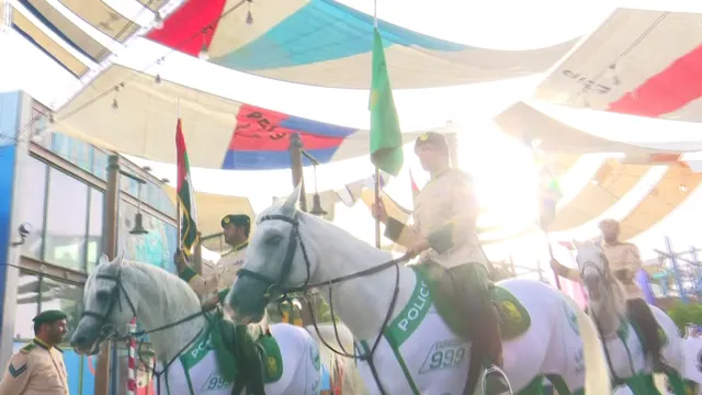 Mounted police on white horses, with flags, in the sun