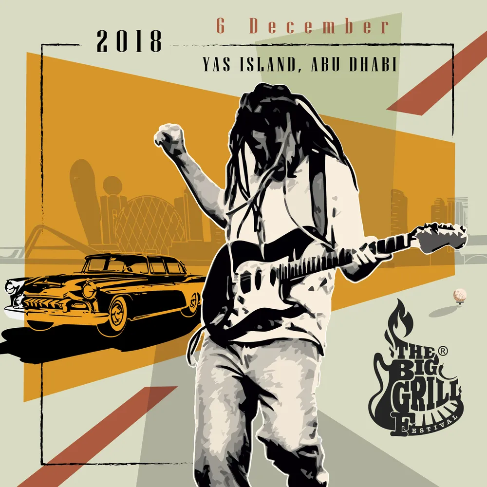 Square in ochre: the guitarist close, the car, the wedges, 6 December 2018, Yas Island, Abu Dhabi