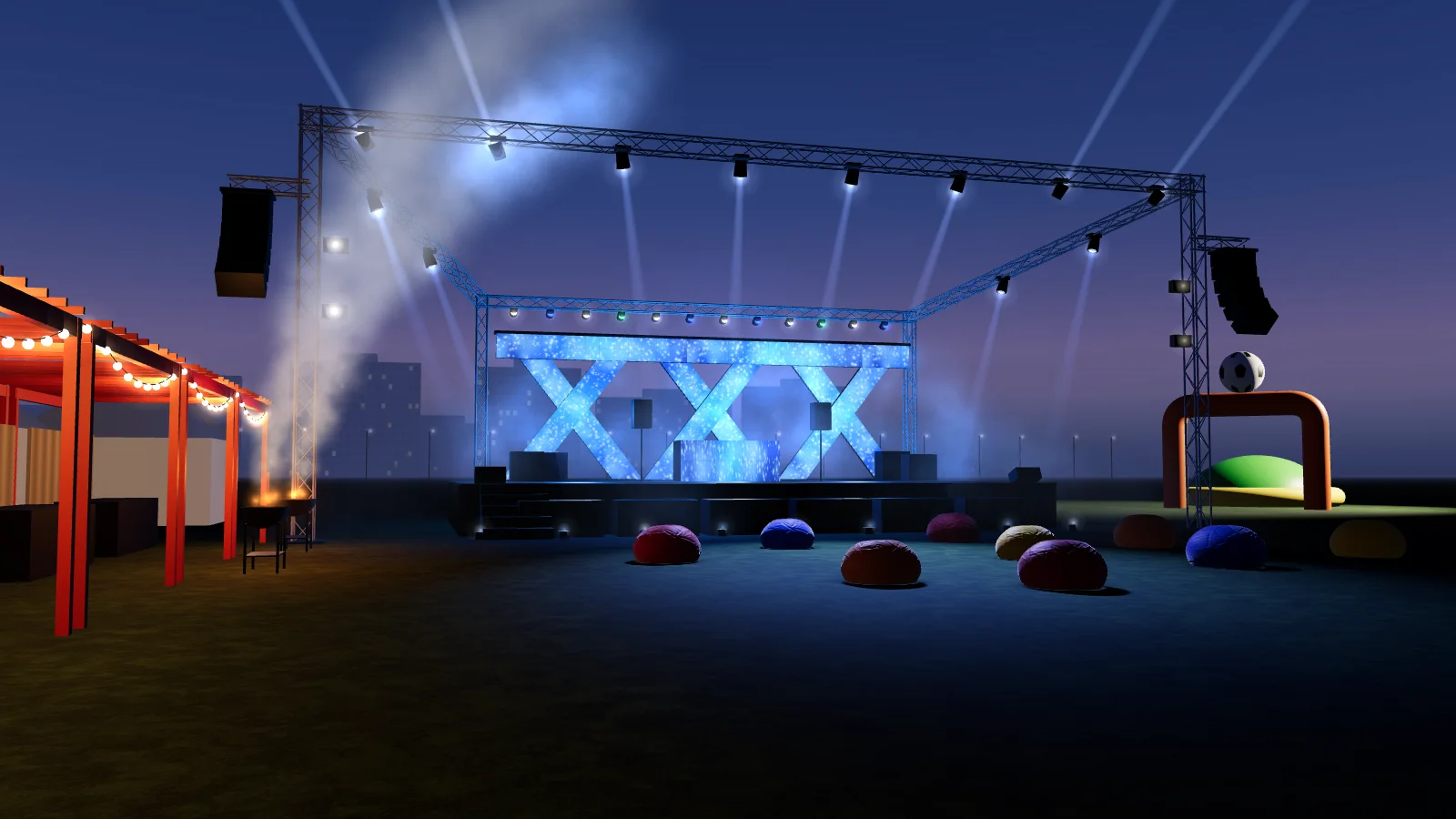 3D model of the festival lawn at dusk: the stage with its three lit X’s joined by a beam across the top, the food stalls with their bulbs, the beanbags and the kids’ zone