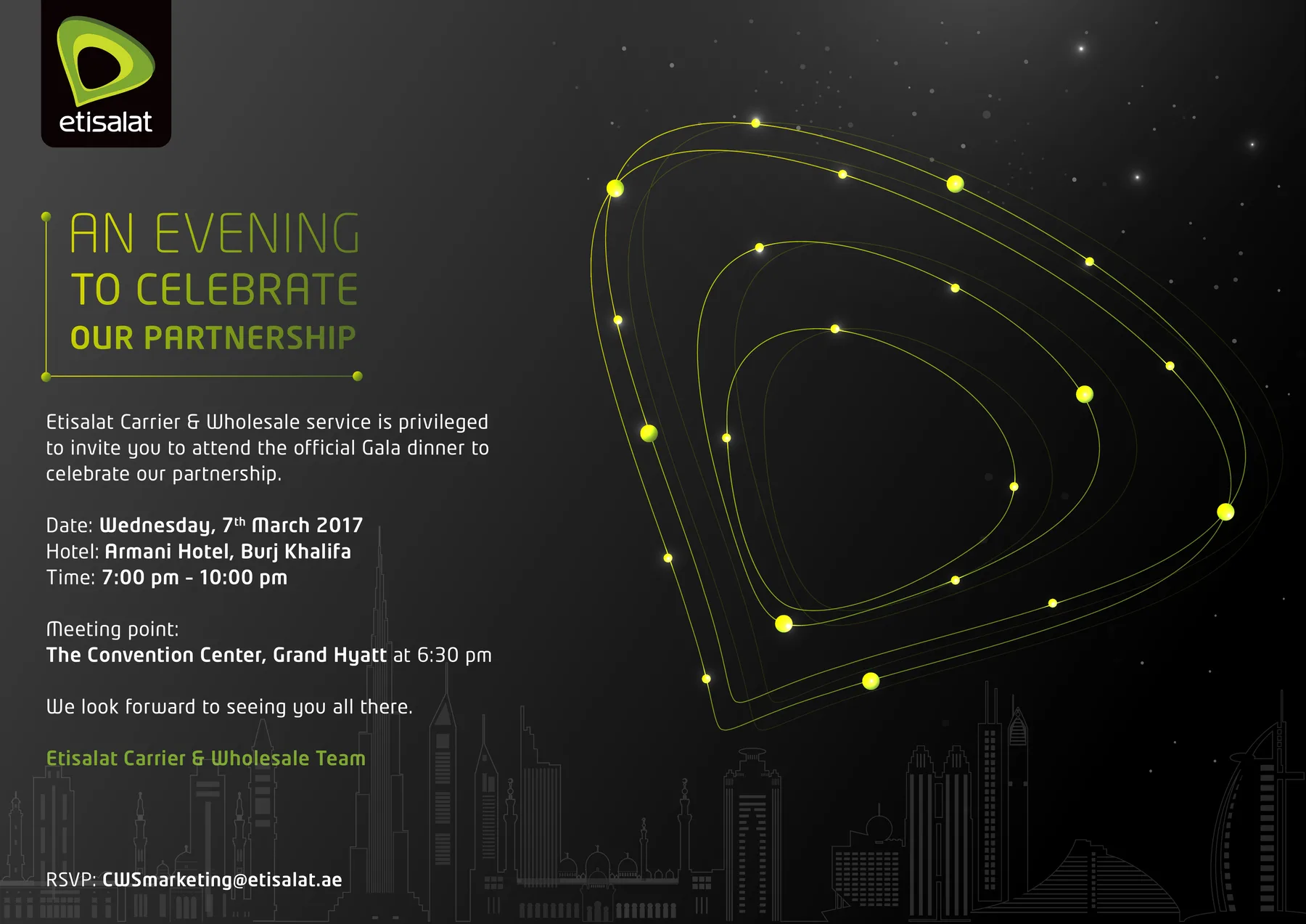 The 2018 invitation: on a night sky, Etisalat’s mark drawn as three orbits with points of light on them, above the Dubai skyline; the line An evening to celebrate our partnership; the Etisalat logo in English