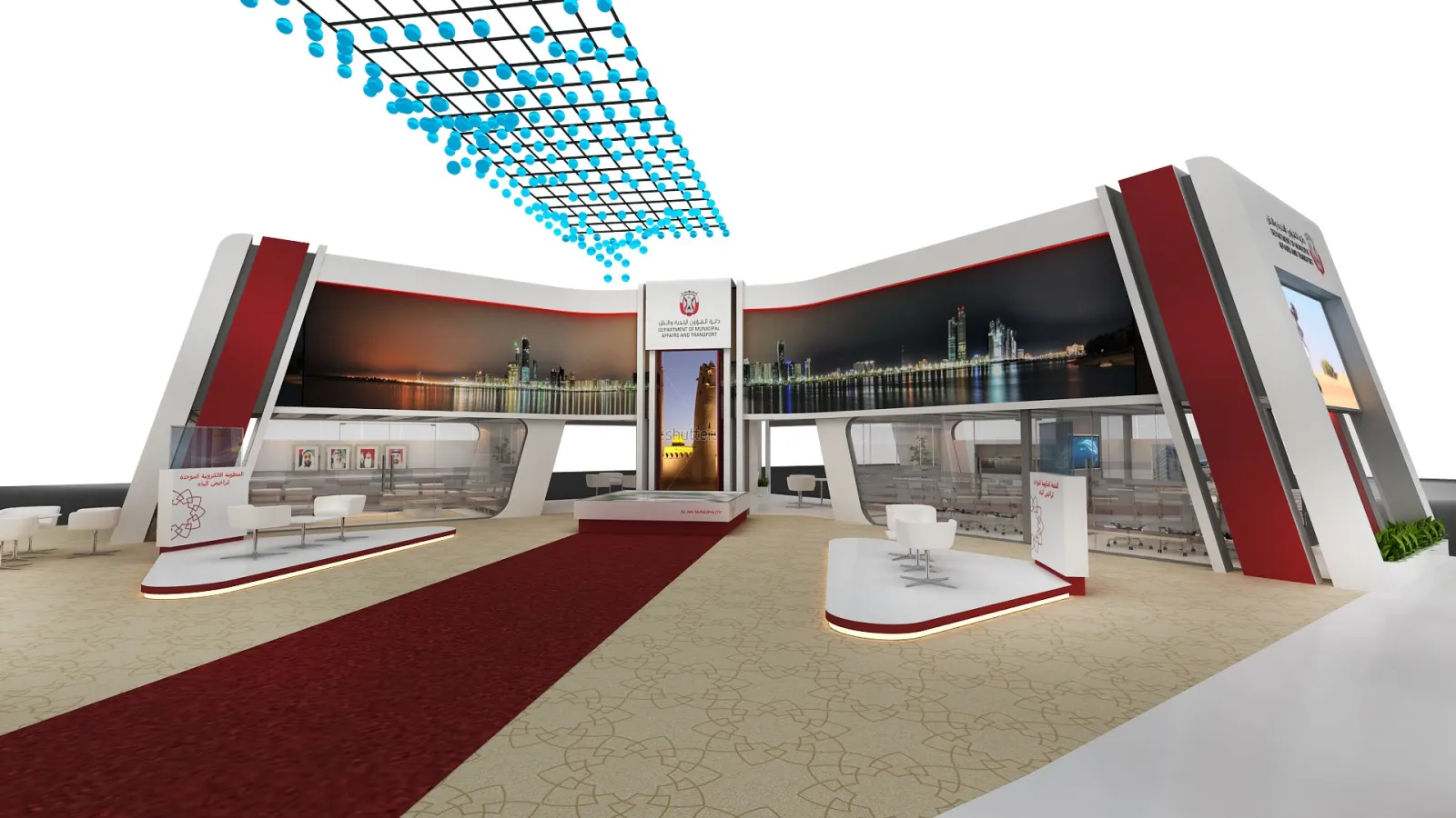 Design render of 28 March 2017: the maroon carpet runs to the tower under the ceiling of spheres