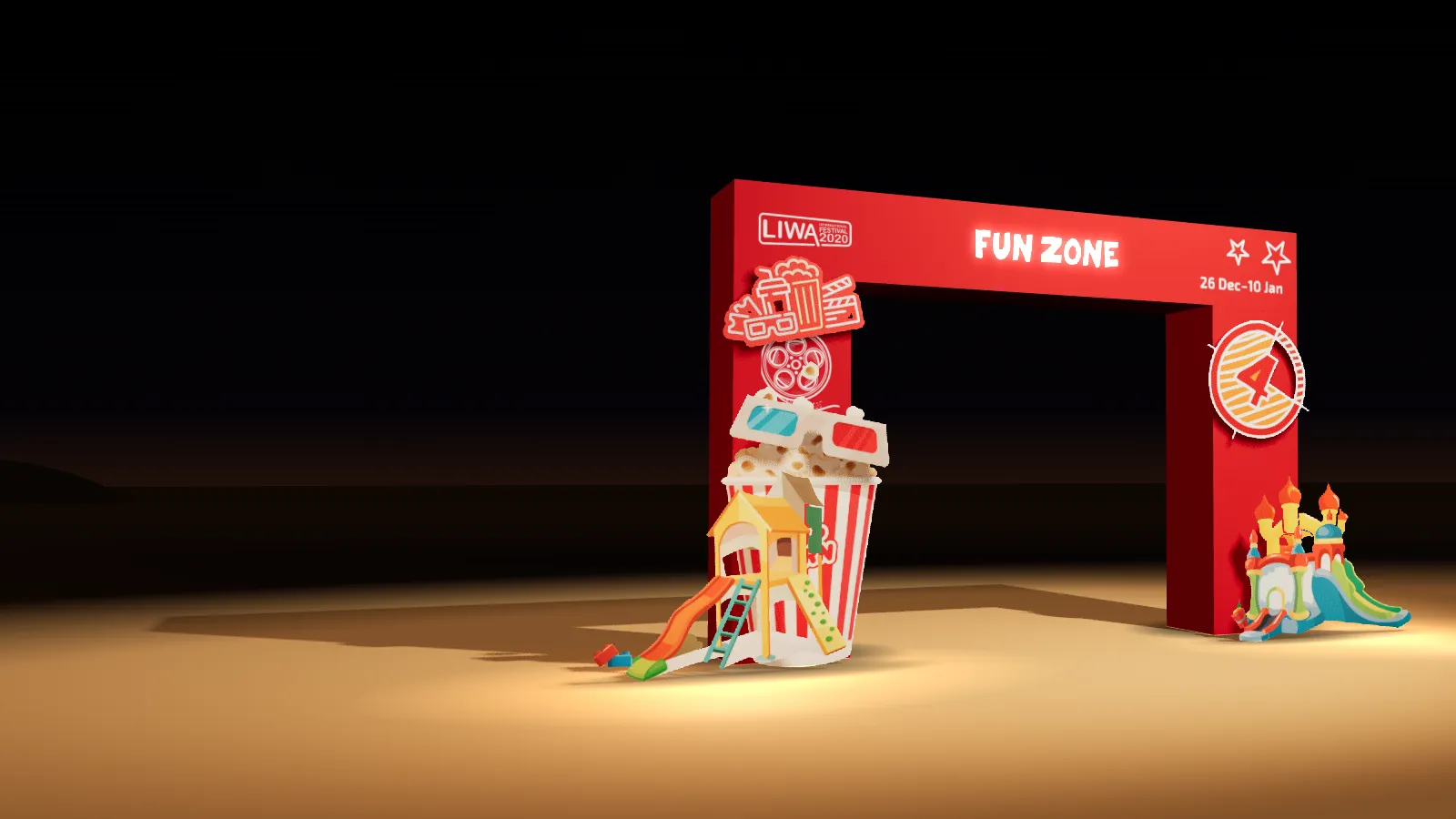 3D model of the Liwa Land gate: a red arch with FUN ZONE on the beam, the popcorn and playhouse cut-outs at its left foot and the castle at its right
