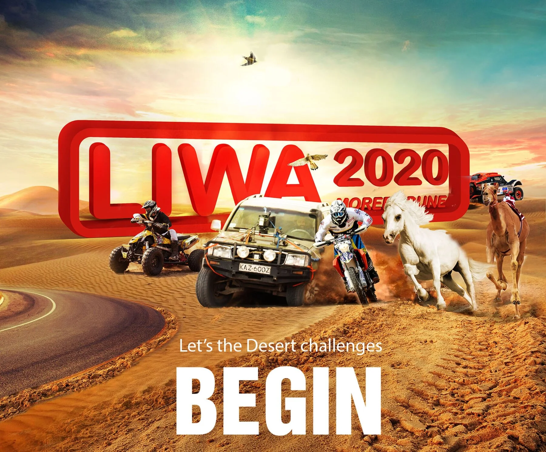 Route 3, the first draft: LIWA 2020 in red letters across the dunes, a quad, a 4x4, bikes, a white horse and a camel bursting out of them, over the word BEGIN