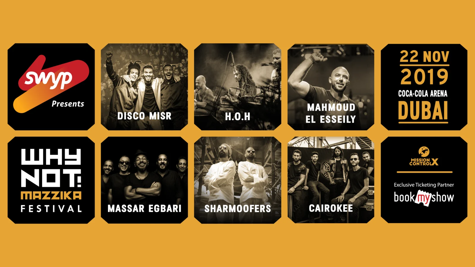 The key visual in its wide cut: ten black cut-corner frames on gold, six of them holding the acts Disco Misr, H.O.H, Mahmoud El Esseily, Massar Egbari, Sharmoofers and Cairokee, the others the festival mark, the date 22 Nov 2019 at Coca-Cola Arena Dubai, the sponsor and the organiser